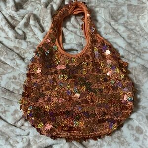 Sequin Embellished Orange Tote Bag